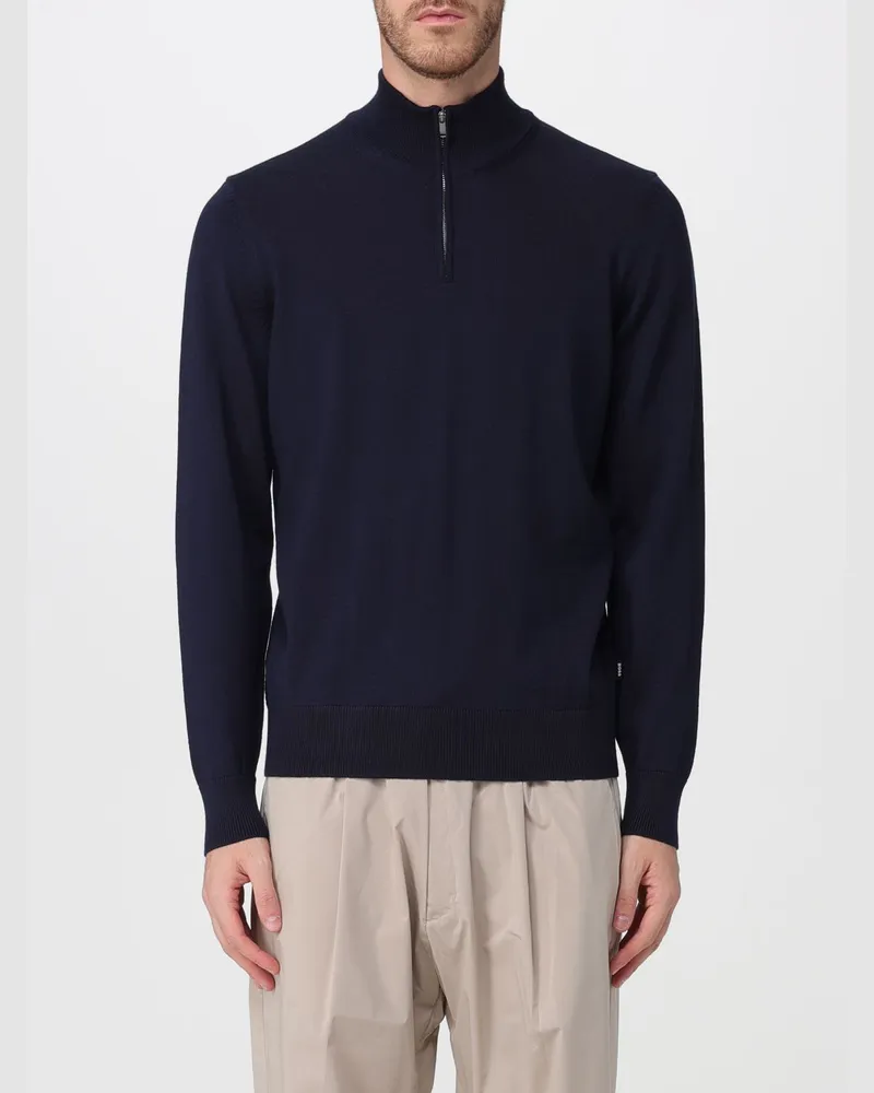 HUGO BOSS Rollkragenpullover aus reiner Wolle mit halbem Reißverschluss und Rippbündchen Blau
