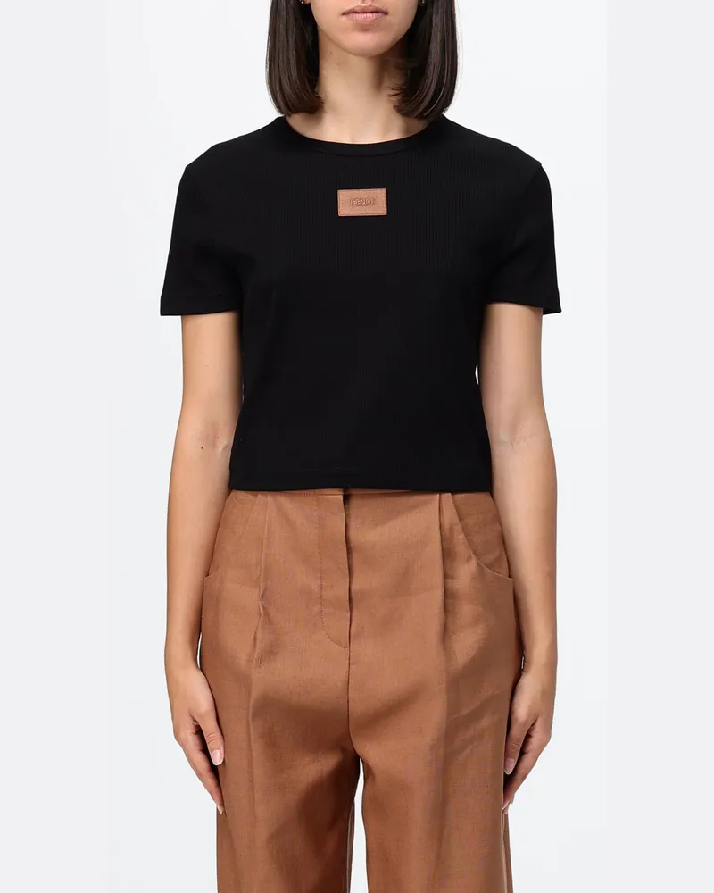 Fendi Slim-Fit-T-Shirt aus Baumwolle mit kontrastierendem Logo Schwarz