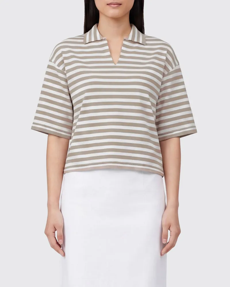Max Mara Kurzarm-Polo aus Viskose mit überschnittenen Schultern und V-Ausschnitt Beige