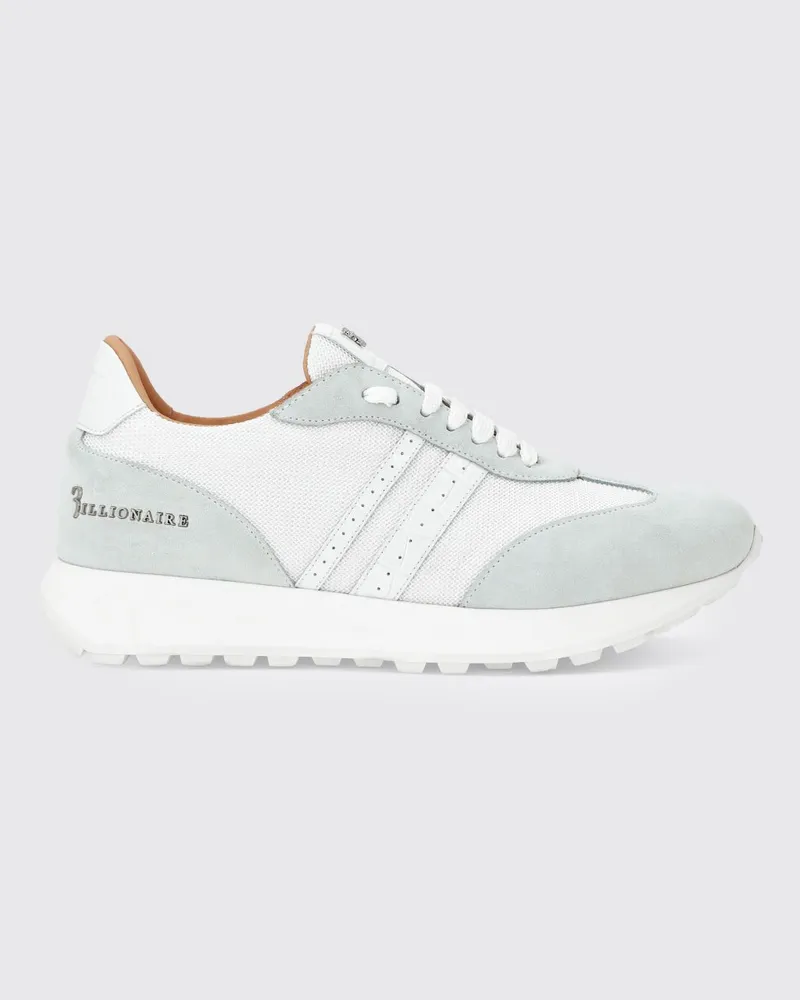 Billionaire Zweifarbige Low-Top-Sneaker aus Mesh und Wildleder mit Metallic-Logo Weiß