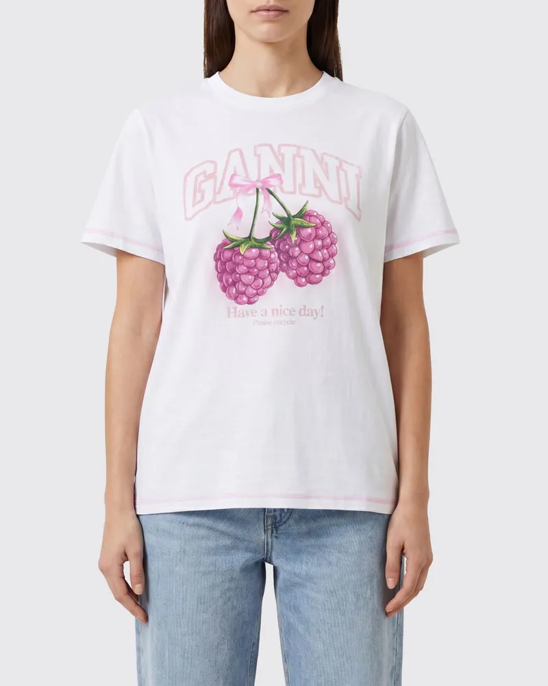 Ganni Slim Fit T-Shirt aus weißer Baumwolle mit Frucht-Logo-Druck Weiß