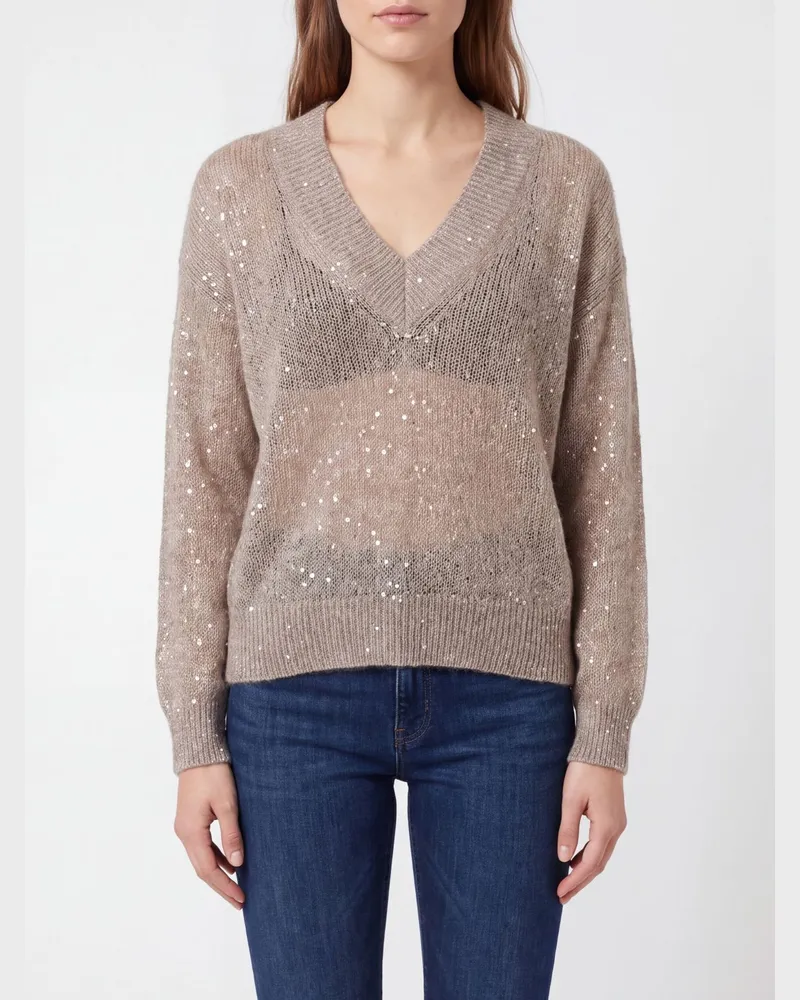 Brunello Cucinelli Pullover mit V-Ausschnitt aus Wollmischung und Lurex mit überschnittenen Schultern Taubengrau