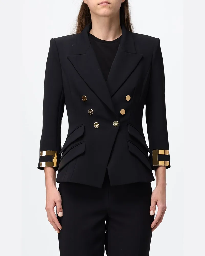 Elisabetta Franchi Slim Fit Zweireiher-Blazer mit gepolsterten Schultern Schwarz