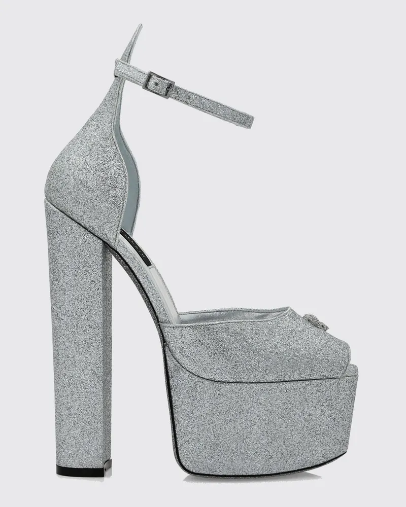 Philipp Plein Plateau-Sandalen aus Glitzerleder mit hohem Absatz und Skull Silber