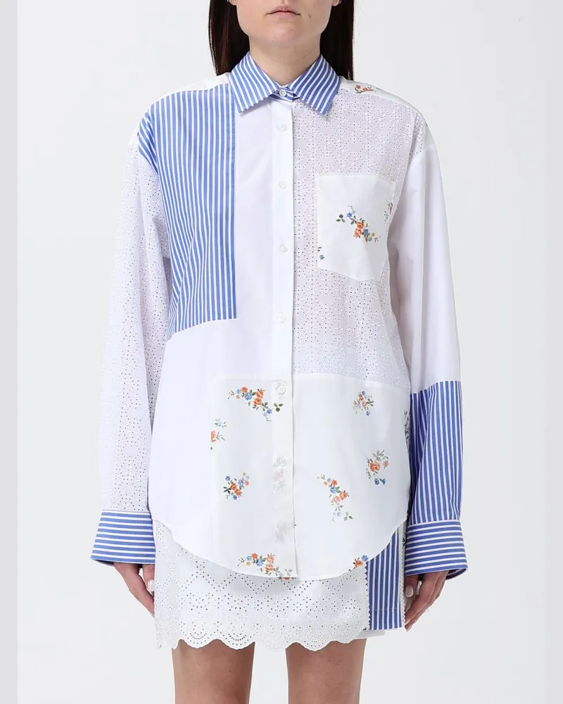 MSGM Gestreiftes und florales Sangallo-Baumwollhemd Weiß