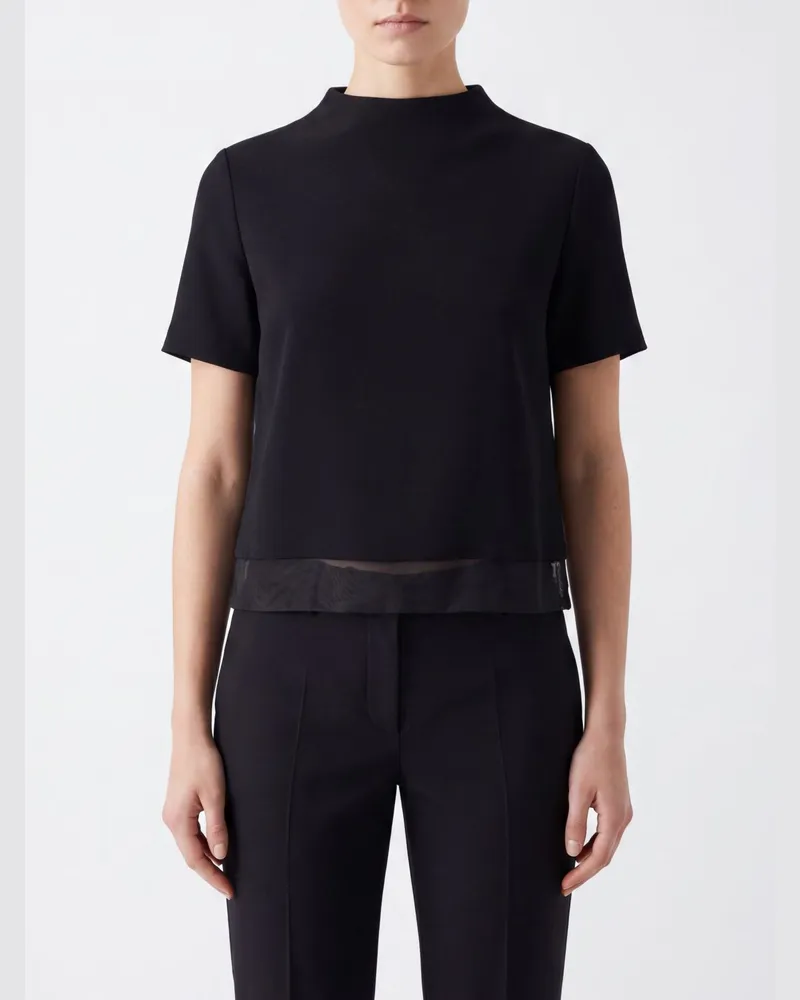 Jil Sander Kurzarm-Top aus reiner Schurwolle mit Stehkragen und Tropfenausschnitt Schwarz