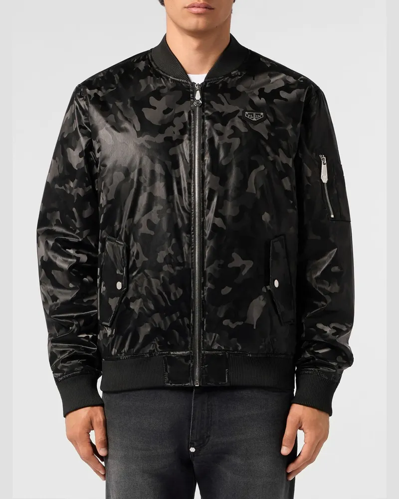 Philipp Plein Wasserabweisende Nylon-Bomberjacke mit Camouflage-Muster Schwarz