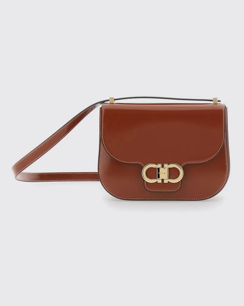 Ferragamo North-South Double Gancini Mini-Umhängetasche aus Kalbsleder Braun