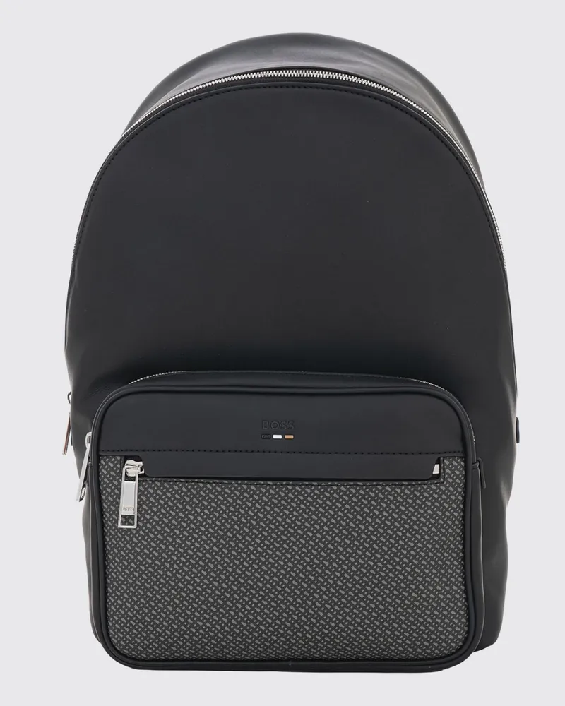 HUGO BOSS Rucksack aus Kunstleder mit geprägtem Logo und vorderer Reißverschlusstasche Schwarz