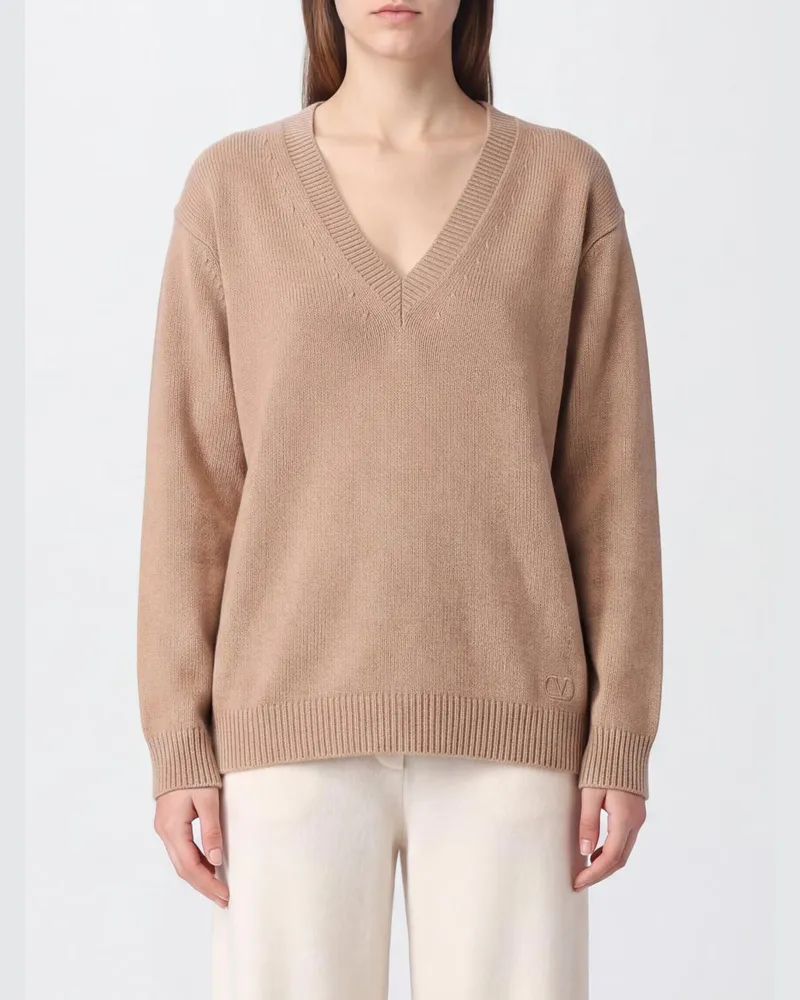 Valentino Garavani V-Ausschnitt-Pullover aus reinem Kaschmir mit überschnittenen Schultern Puder