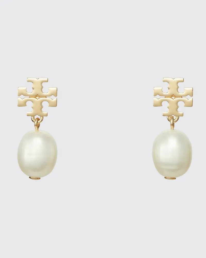 Tory Burch Moondance Perlen-Ohrhänger aus vergoldetem Messing mit Double T-Logo Stahl