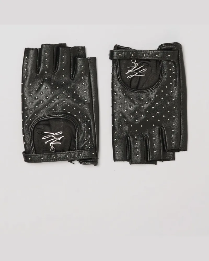 Karl Lagerfeld Handschuhe aus Ziegenleder mit besticktem Monogramm und Perlen Schwarz