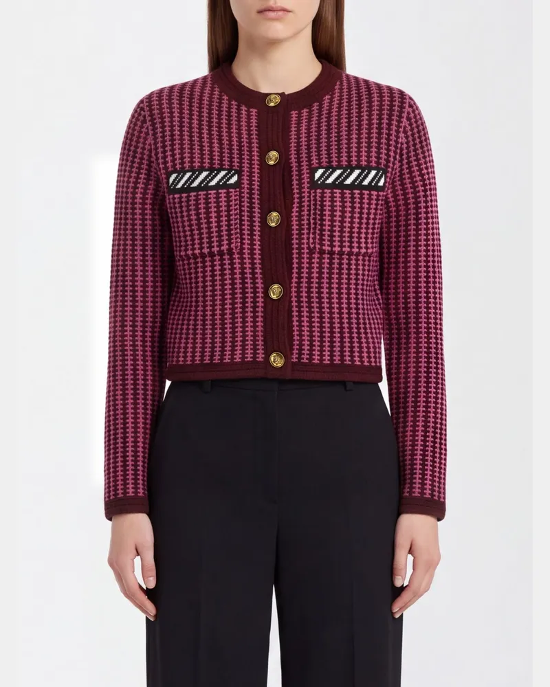Versace Gestreifter Cardigan aus reiner Schurwolle mit Rundhalsausschnitt und aufgesetzten Taschen Pink