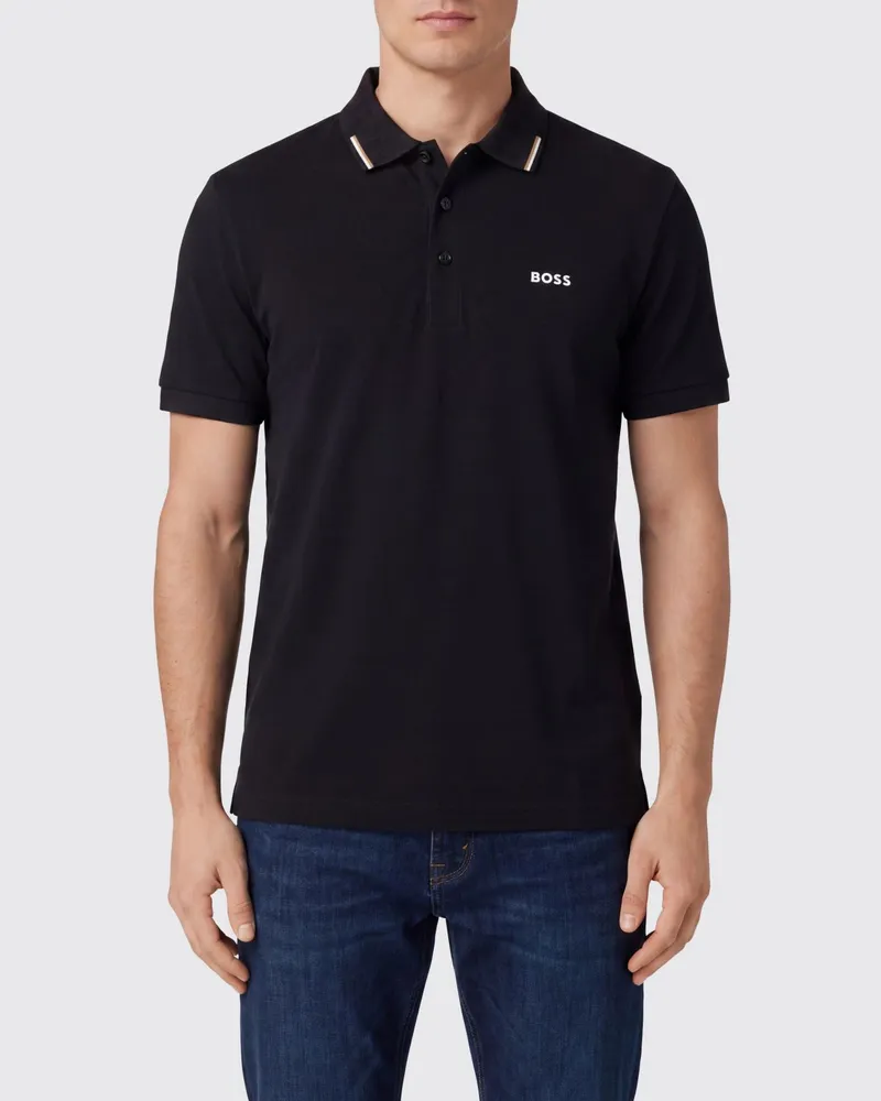 HUGO BOSS Kurzärmeliges Baumwoll-Polohemd mit Kontrastlogo Schwarz