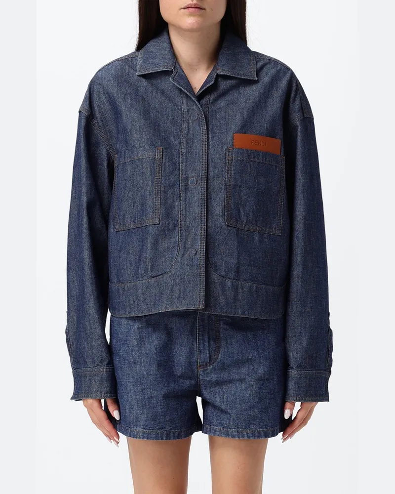Fendi Cropped Jeansjacke im Hemdstil aus Baumwolle mit geprägtem Logo Navy