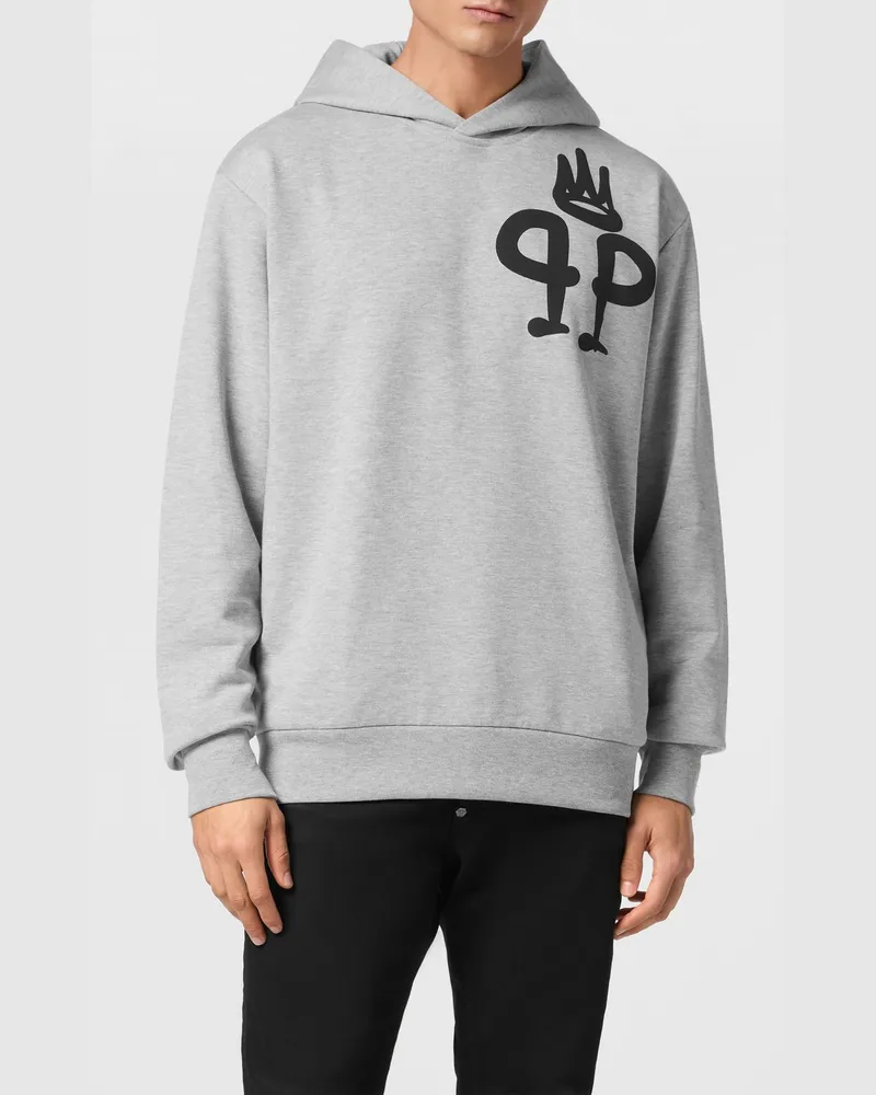 Philipp Plein Kapuzenpullover aus Baumwolle mit Kontrastlogo, Kängurutasche und überschnittenen Schultern Grau
