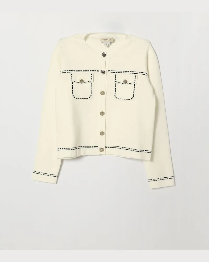 Twin-Set Viskosemisch-Cardigan von für Mädchen mit aufgesetzten Taschen und Metallknöpfen Weiß