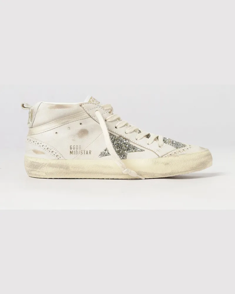 Golden Goose Mid-Star Sneakers aus Leder und Glitzer-Stoff im Used-Look Beige