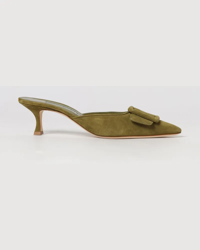 Manolo Blahnik Maysale Mules aus Veloursleder mit Schnalle und mittlerem Absatz Kaki