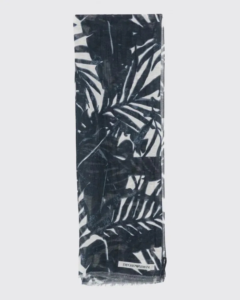 Emporio Armani Schal aus Leinen-Mix mit tropischem Print und Fransen Blau