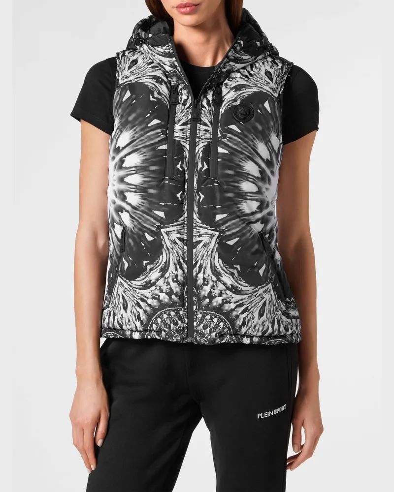 Philipp Plein Gepolsterte Nylon-Weste von mit Kapuze und Grafik-Print Schwarz