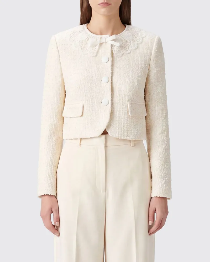 Self-Portrait Cropped-Blazer aus Bouclé mit Spitzenkragen und -einsätzen Yellow
