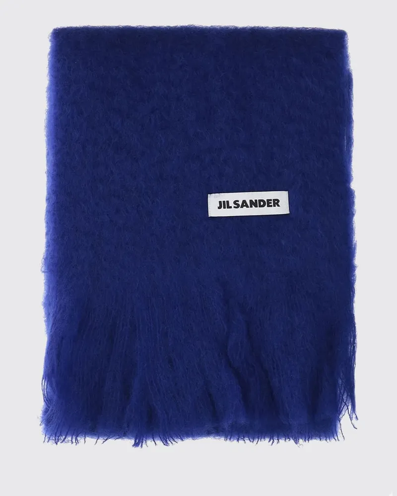 Jil Sander Schal aus Mohair-Wollmischung mit Logo-Patch und Fransen Blau