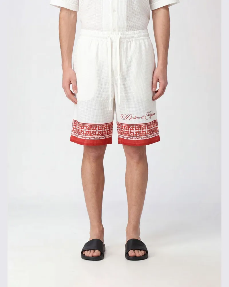 Dolce & Gabbana DOLCE  GABBANA Knielange Seidenshorts Dolce & Gabbana mit Majolika-Print und Kordelzug Rot