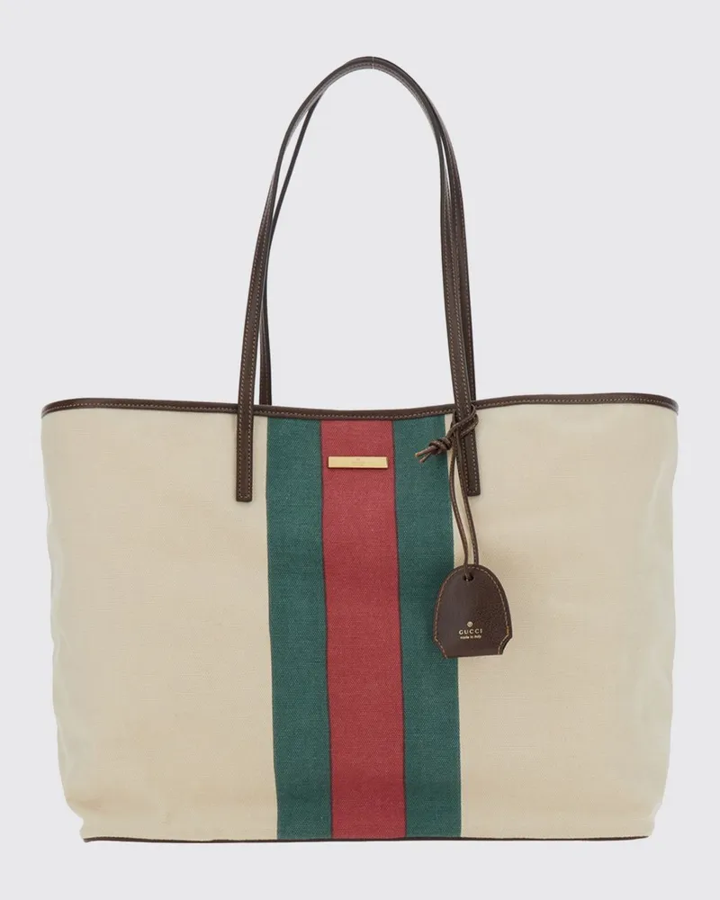 Gucci Tribeca Tote Bag aus gestreiftem Baumwoll-Canvas mit Web-Detail Weiß