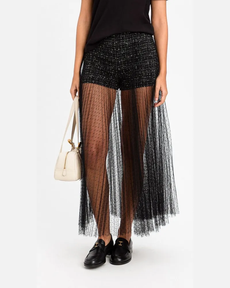 Twin-Set Ausgestellter Tüll-Midirock mit integrierter Culotte Schwarz