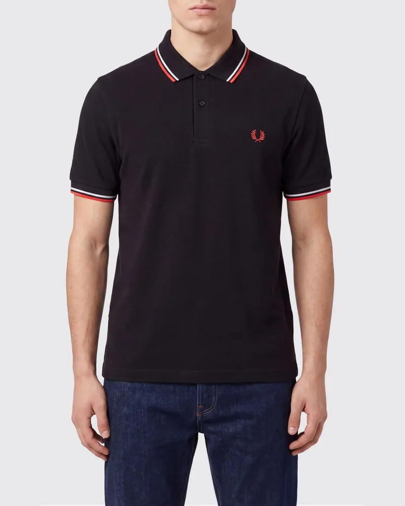 Fred Perry Baumwoll-Poloshirt mit Kontraststreifen und gesticktem Logo Schwarz