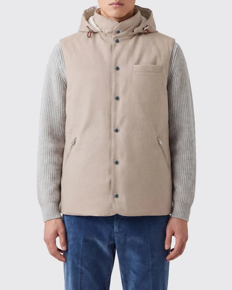 Brunello Cucinelli Gepolsterte Wollweste mit abnehmbarer Kapuze Beige