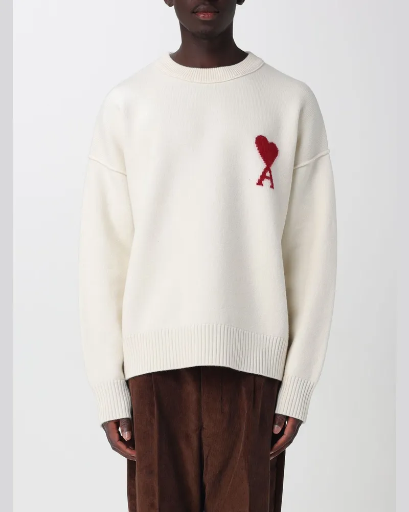 AMI Paris Wollpullover mit Rundhalsausschnitt von mit Kontrastlogo Ecru