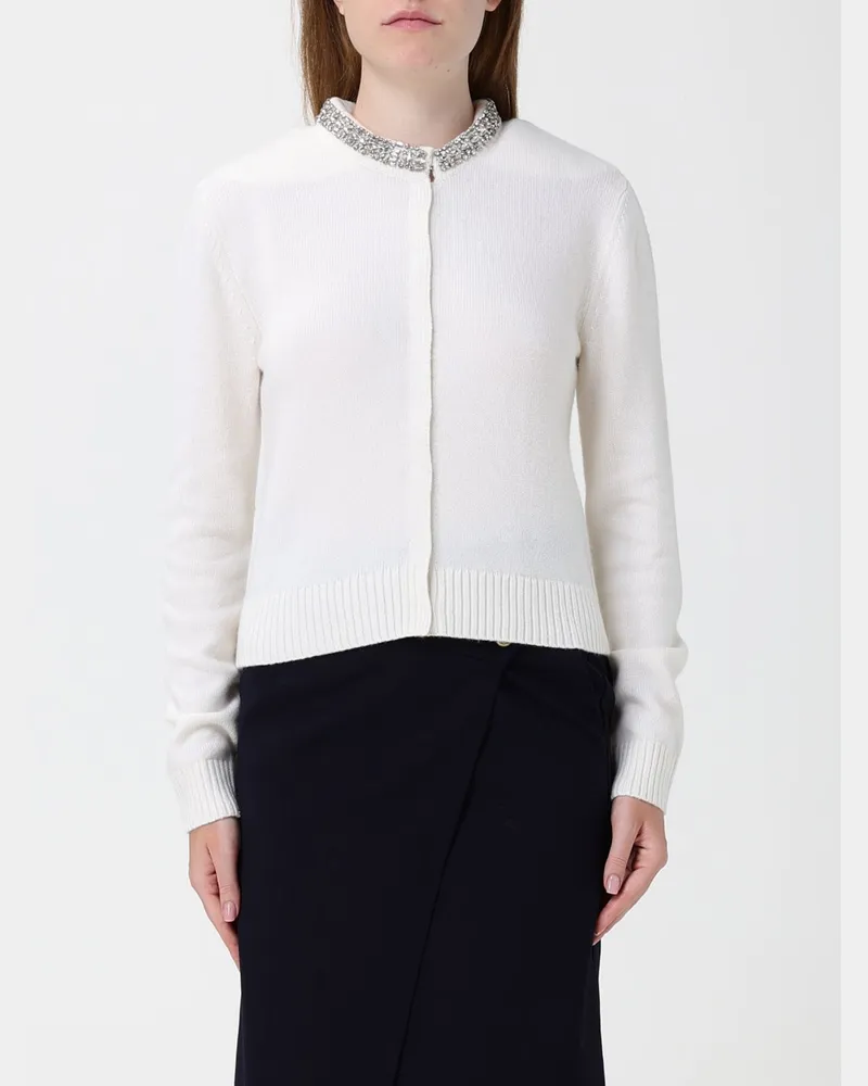 Pinko Strickjacke aus Wollmischung mit Rundhalsausschnitt und Kristallapplikationen Weiß