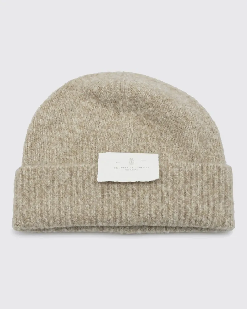 Brunello Cucinelli Beanie-Mütze von aus Woll-Seiden-Kaschmir-Mischung mit Umschlag Sand