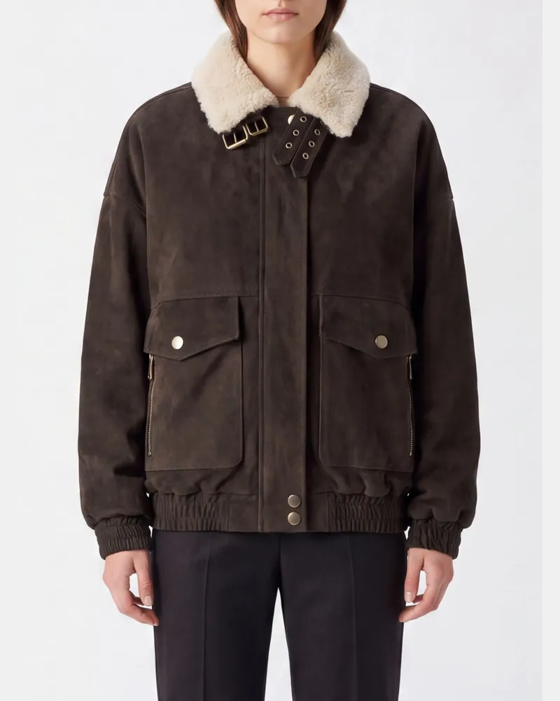 Semicouture Wildlederjacke mit Pelzkragen und Relaxed Fit Braun