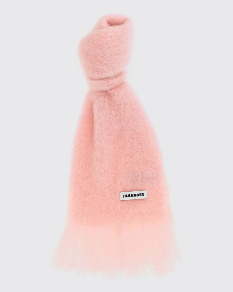 Jil Sander Schal aus Mohair-Wollmischung mit Logo-Patch und Fransen Pink