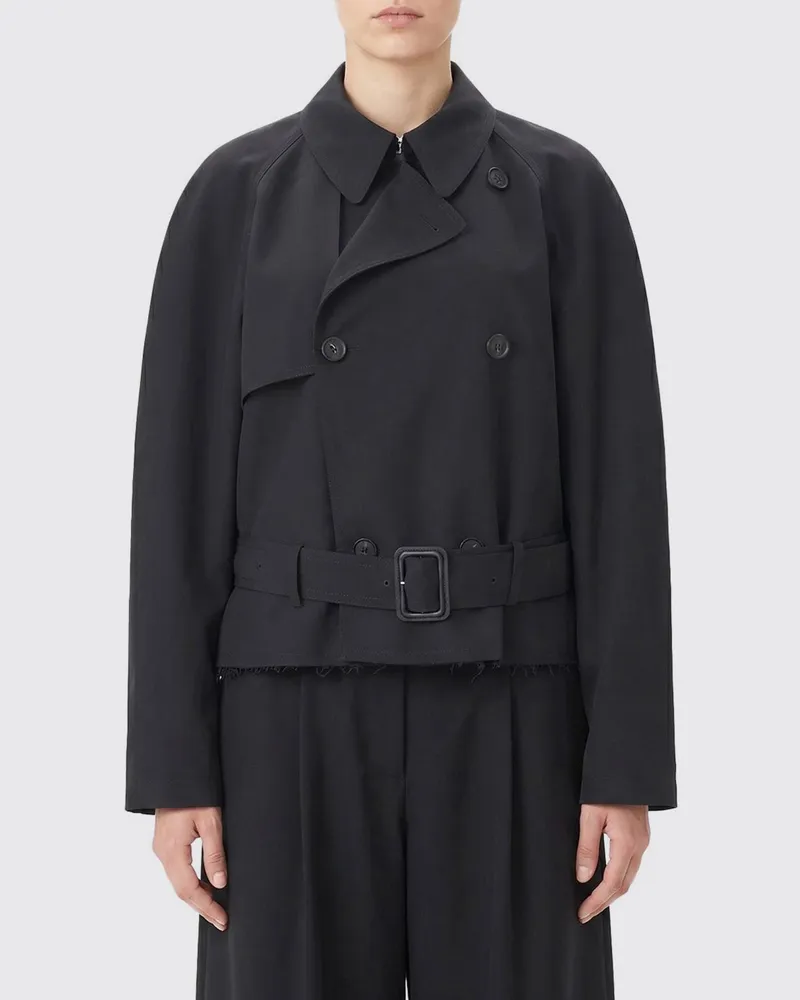 Maison Margiela Kurzer zweireihiger Trenchcoat aus Wollmischung mit Gürtel Schwarz