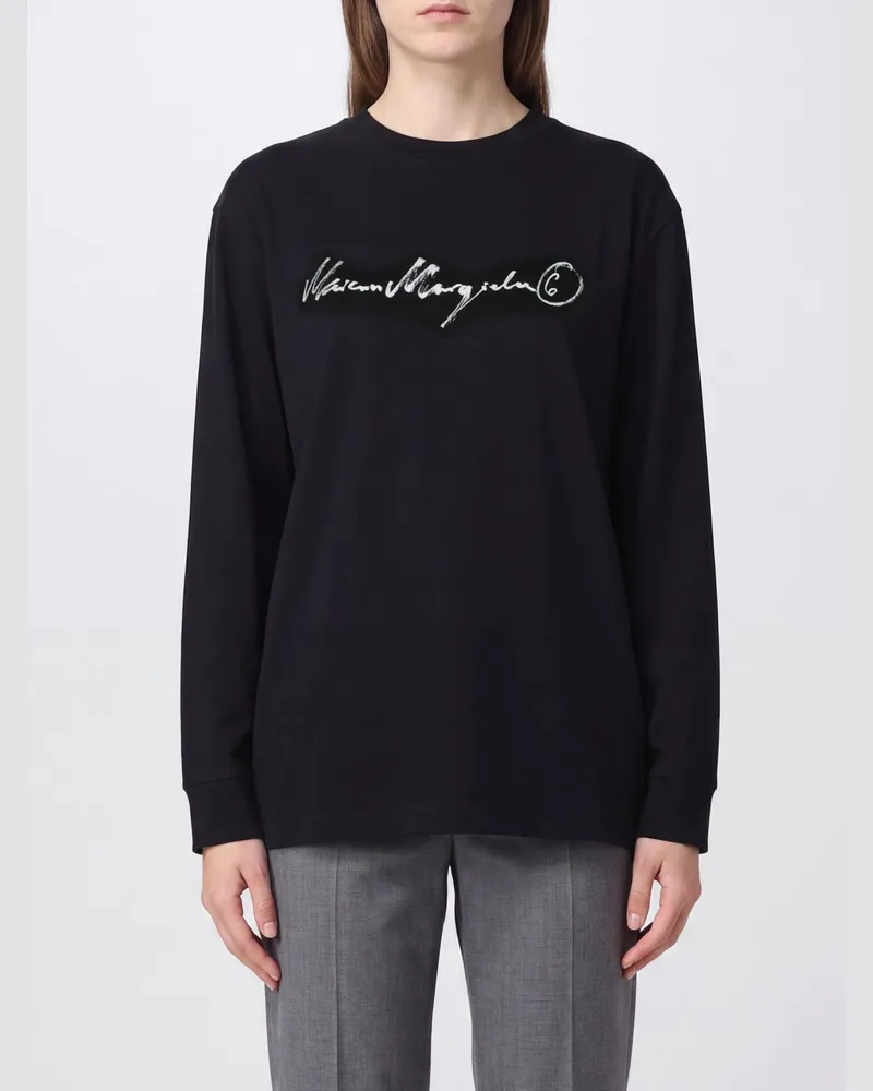 Maison Margiela Langärmeliges Baumwoll-T-Shirt mit überschnittenen Schultern Schwarz