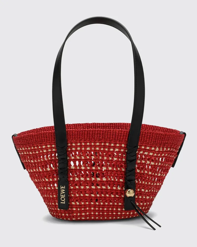 Loewe Kleine gehäkelte Schultertasche aus Bast mit Ledergriffen Rot