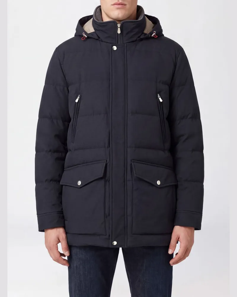 Brunello Cucinelli Wasserabweisender Nylon-Parka mit abnehmbarer Kapuze Cobalt