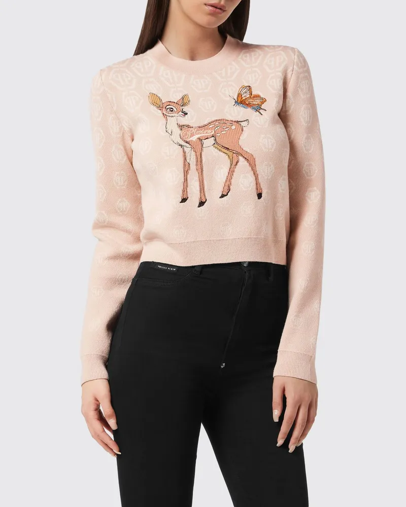 Philipp Plein Gekürzter Pullover aus Wollmischung mit Monogramm-Print Beige