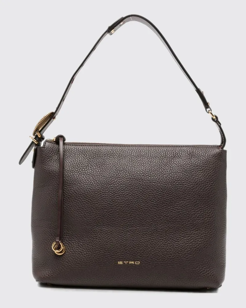 Etro Schultertasche aus genarbtem Leder mit verstellbarem Henkel und Logo-Anhänger Braun