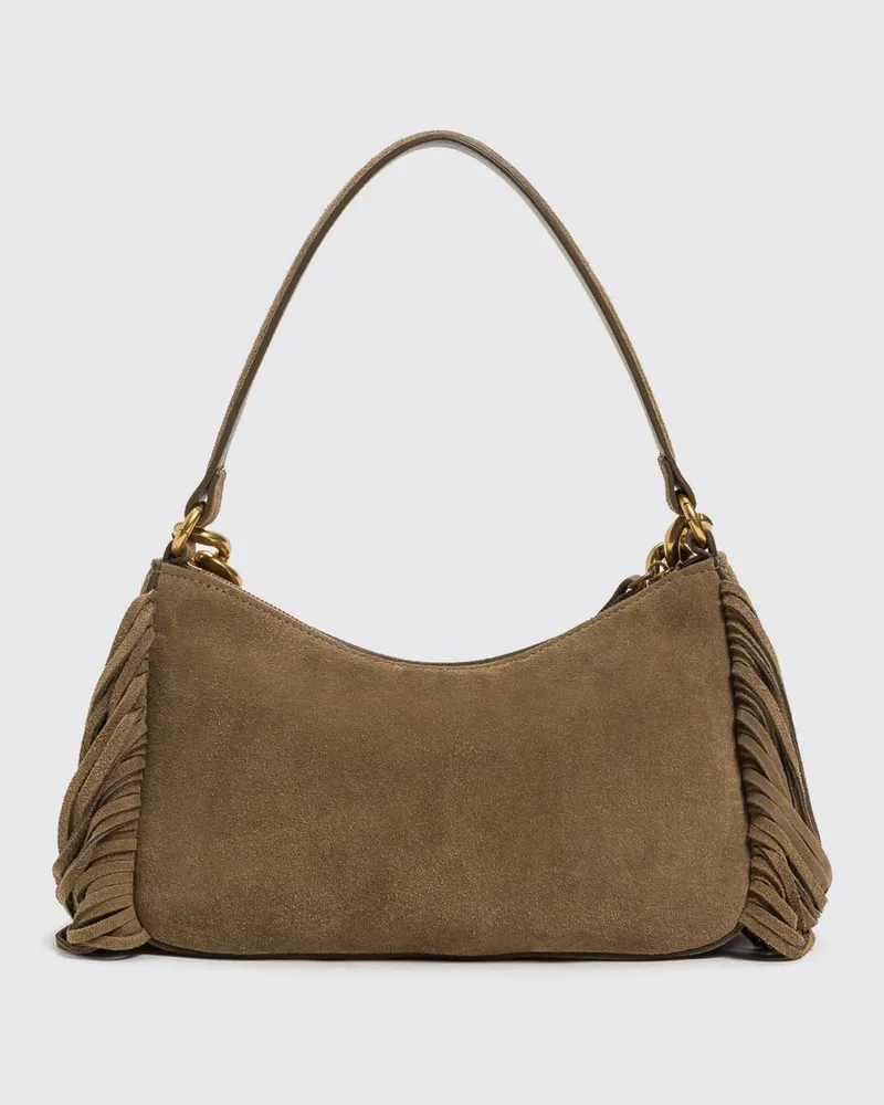 Twin-Set Liliane Schultertasche aus Wildleder mit Fransen und Stickerei Olive