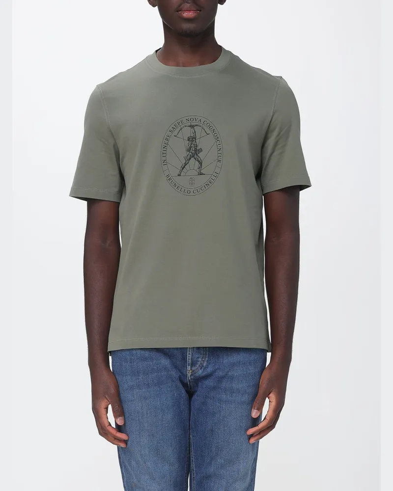 Brunello Cucinelli Rundhals-T-Shirt aus Baumwolle mit grafischem Logo-Print Military