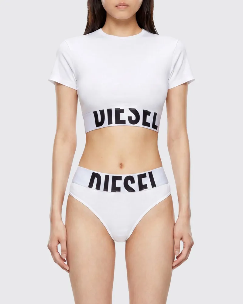 Diesel Slim Fit Cropped Top aus Stretch-Baumwolle mit Kontrastlogo Weiß
