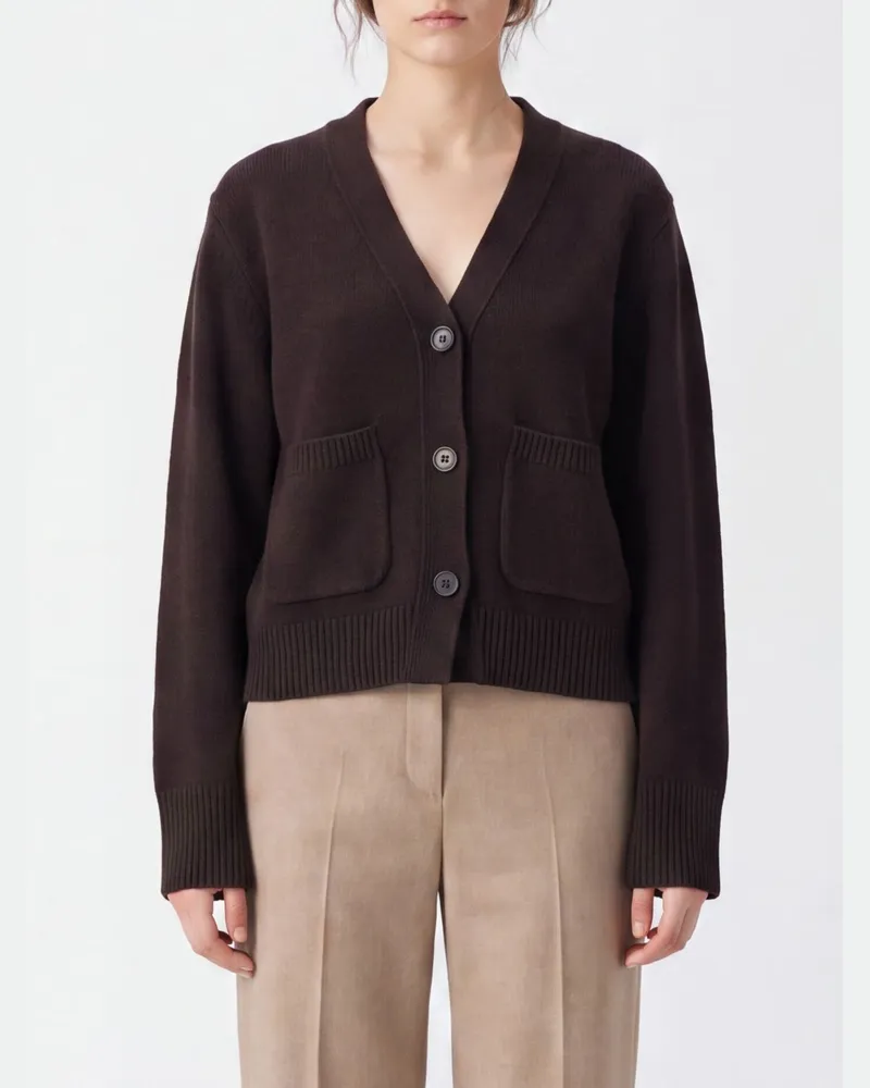 Lisa Yang V-Ausschnitt-Cardigan aus 100% Kaschmir mit Rippbündchen Braun
