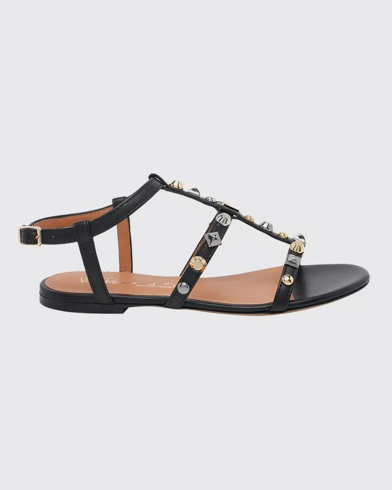 Via Roma 15 Flache T-Steg-Sandalen aus glattem Kalbsleder mit Nieten Schwarz
