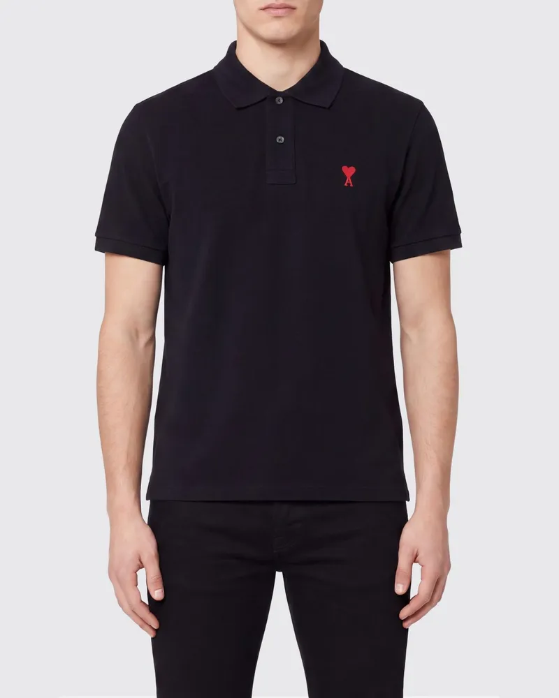 AMI Paris Slim-Fit-Polohemd aus Bio-Baumwolle mit gesticktem Logo auf der Brust Schwarz