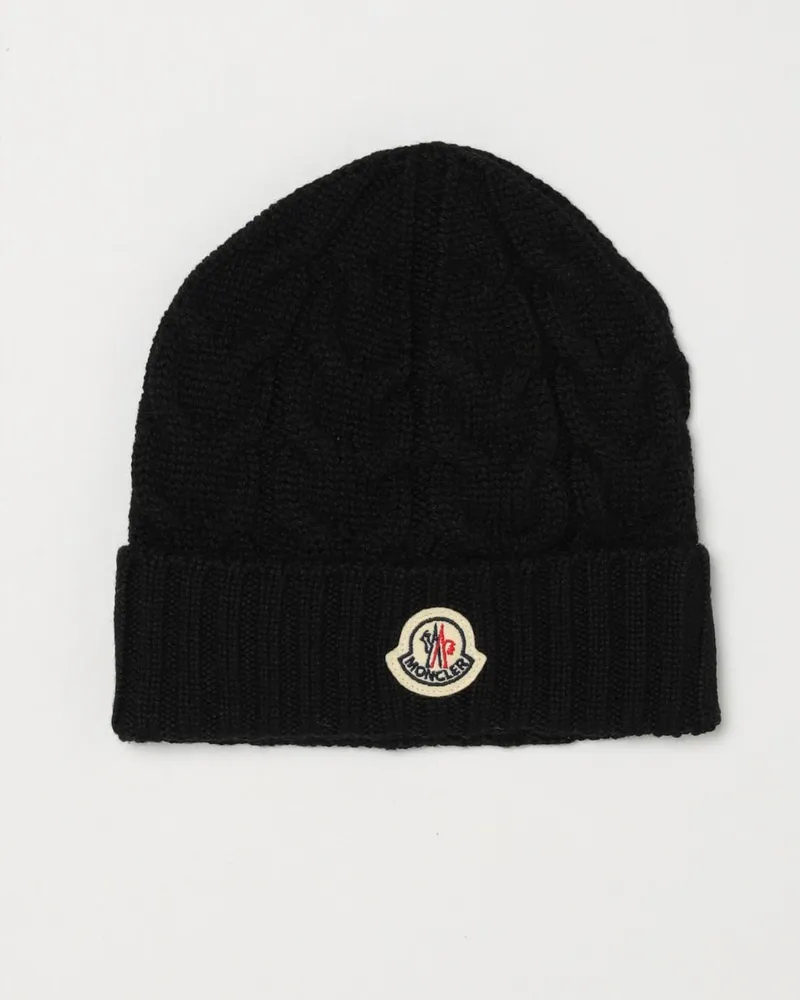 Moncler Zopfstrick-Mütze für Jungen aus reiner Schurwolle mit Logo-Patch Schwarz